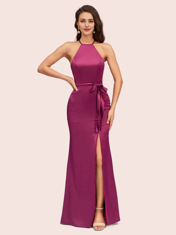 Robe de soirée longue en satin, style sirène, dos nu, fente, sexy, sans manches